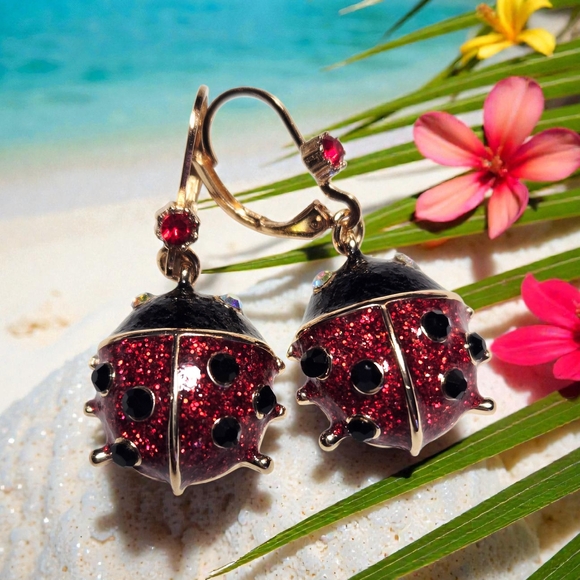 Betsey Johnson Jewelry - NEW Betsey Johnson Ladybug Leverback Dangle Earrings Gold Tone Red Crystals NWT